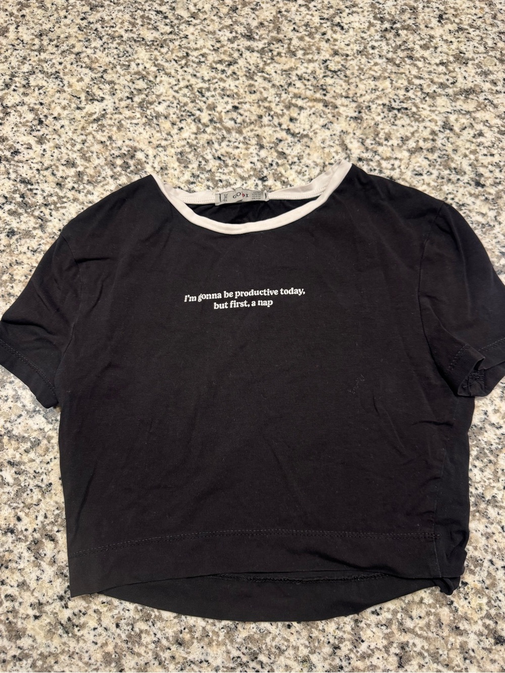 Black Graphic Crop Top with Contrast Neck